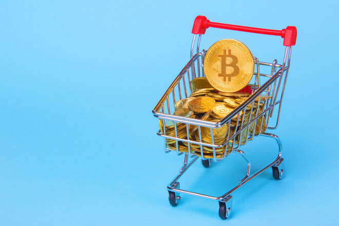 Shopping,Trolley,Cart,With,Coins,Bitcoin,,Buying,Goods,For,Crypto