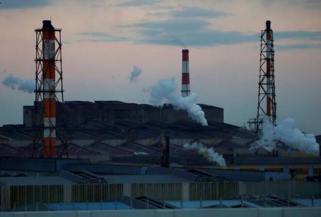 Steam is emitted from JFE's steel factory in Yokohama