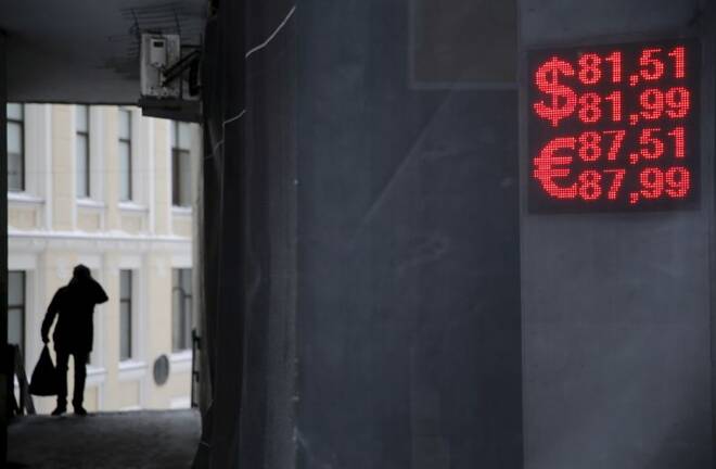 A board showing the currency exchange rates of the U.S. dollar and the Euro against the rouble is on display in Moscow