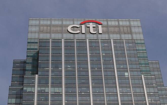 The Citi bank logo is seen at their offices at Canary Wharf financial district in London