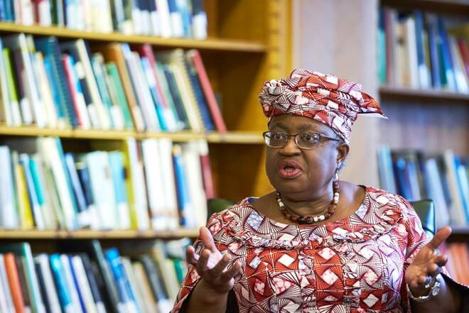 WTO Director-General Ngozi Okonjo-Iweala attends an interview in Geneva