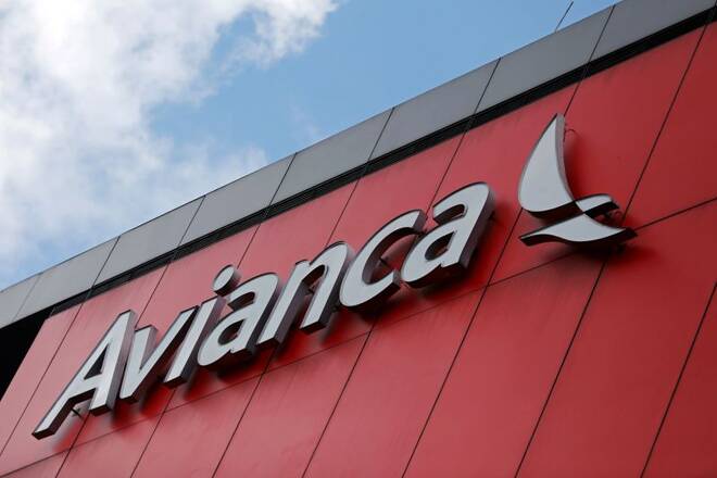 A logo of aviation company Avianca is pictured at the headquarters building in Bogota