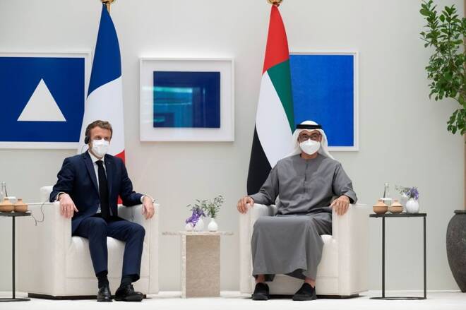 French President Emmanuel Macron meets with Abu Dhabi's Crown Prince Sheikh Mohammed bin Zayed al-Nahyan in Abu Dhabi