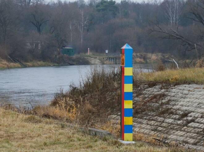 Belarusian-Ukrainian and Polish border sign posts are seen at the border with Belarus and Poland in Volyn region