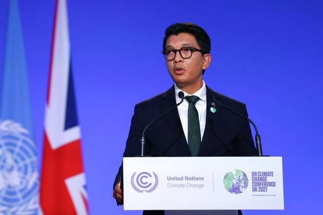Madagascar's President Andry Rajoelina speaks during the UN Climate Change Conference (COP26) in Glasgow