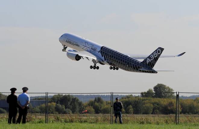An Airbus A350 jet airliner takes off during a demonstration flight at the MAKS-2019 air show in Zhukovsky