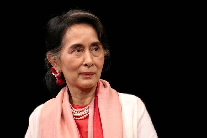 Myanmar's Minister of Foreign Affairs Aung San Suu Kyi speaks during an event at the Asia Society Policy Institute in New York