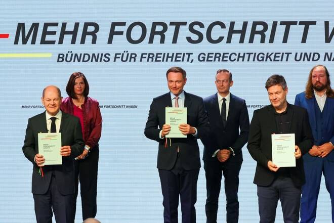 Members of Germany's SPD, The Greens and FDP parties sign a coalition agreement, in Berlin