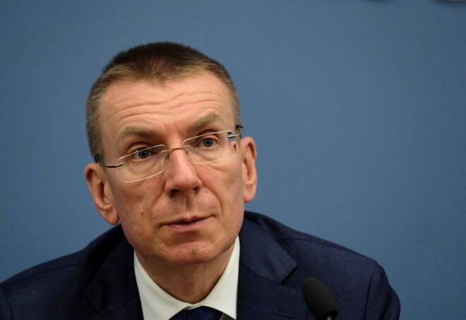 Latvia's Minister of Foreign Affairs Rinkevics speaks during news conference in Riga