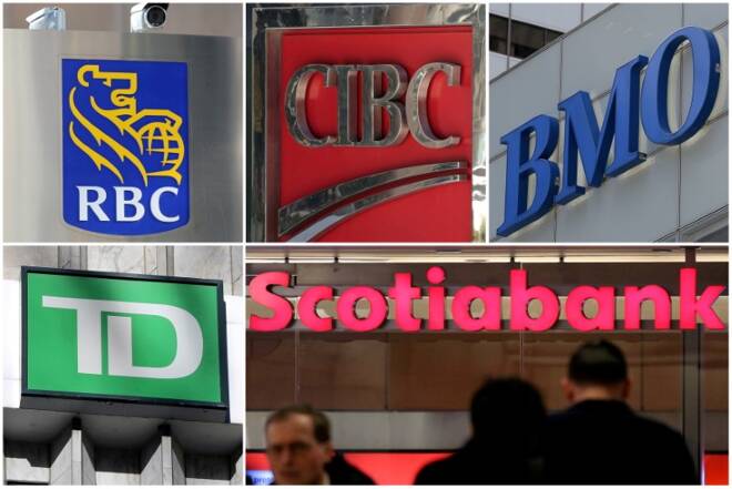 A combination photo shows Canadian investment banks RBC CIBC BMO TD and Scotiabank in Toronto