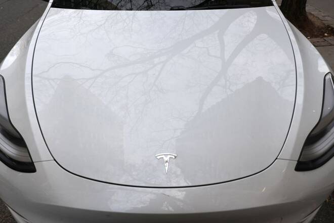 A Tesla electric vehicle is seen in Manhattan, New York