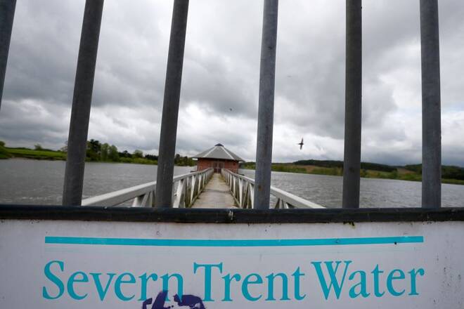 A Severn Trent sign hangs on a gate at Cropston Reservoir in Cropston