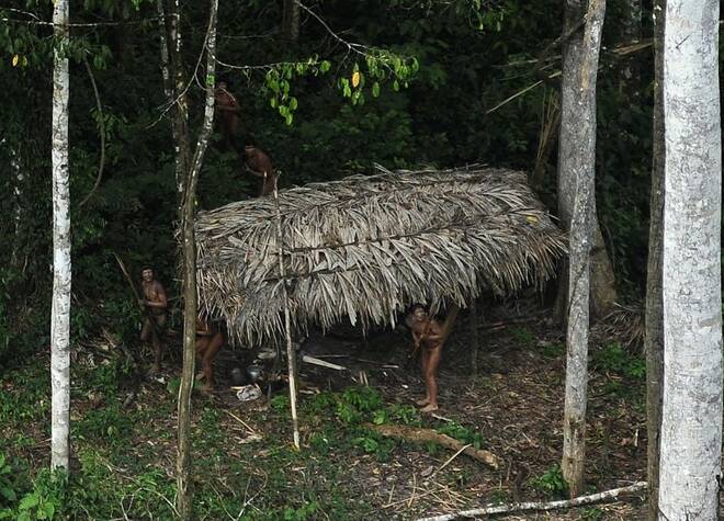 Uncontacted indigenous react to a plane flying over their community in the Amazon basin