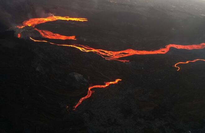 An aerial view of the lava from the Cumbre Vieja volcano near Tacande neighborhood