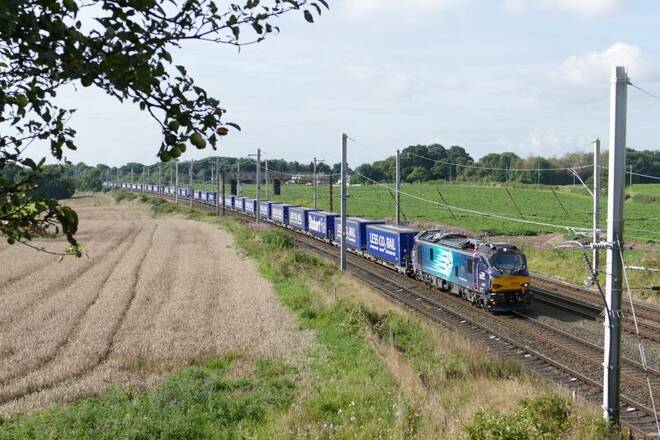 Tesco containers transported by a Direct Rail Services train in Hertfordshire