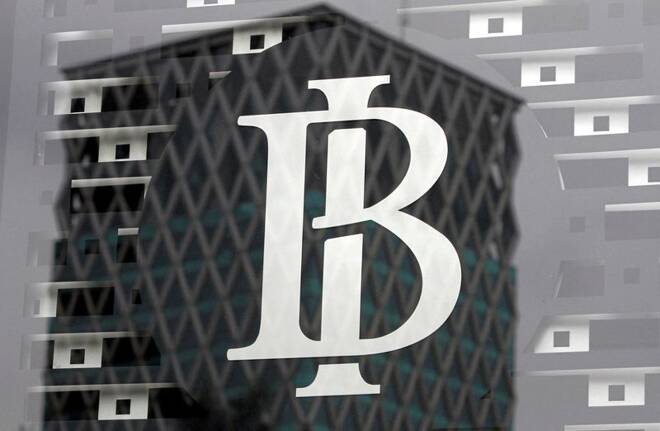 The logo of Indonesia's central bank, Bank Indonesia, is seen on a window in the bank's lobby in Jakarta
