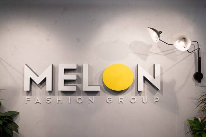 The logo of Melon Fashion Group is seen at the company's headquarters in Saint Petersburg