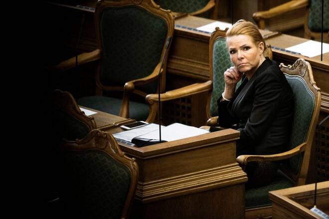 Denmark's Minister of Immigration and Integration Inger Stojberg listens to the debate in the Danish Parliament