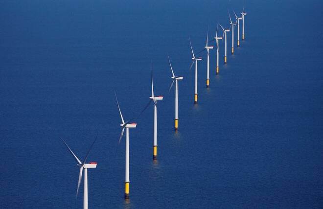 General view of the Walney Extension offshore wind farm operated by Orsted off the coast of Blackpool