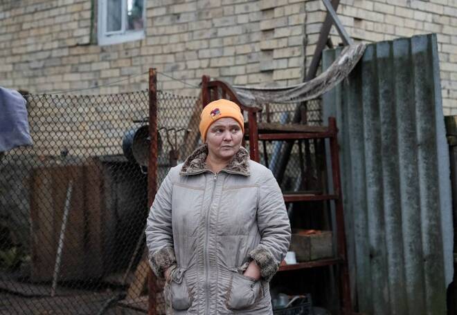 Local resident Serheyeva is seen near her house near the front line in the village of Zaitseve