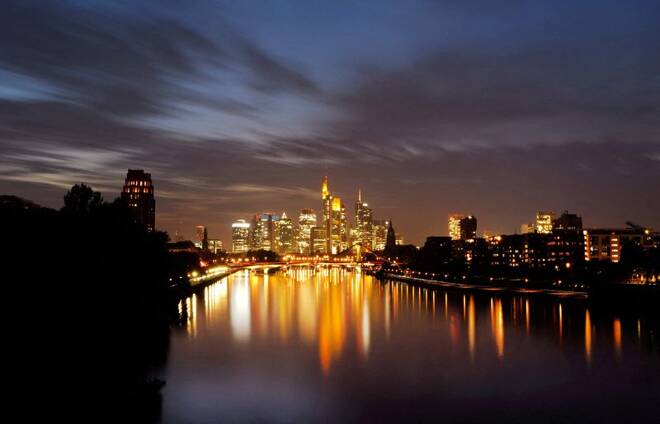 Sun sets over the skyline in Frankfurt