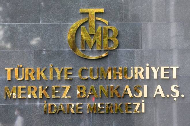A logo of Turkey's Central Bank is pictured at the entrance of its headquarters in Ankara
