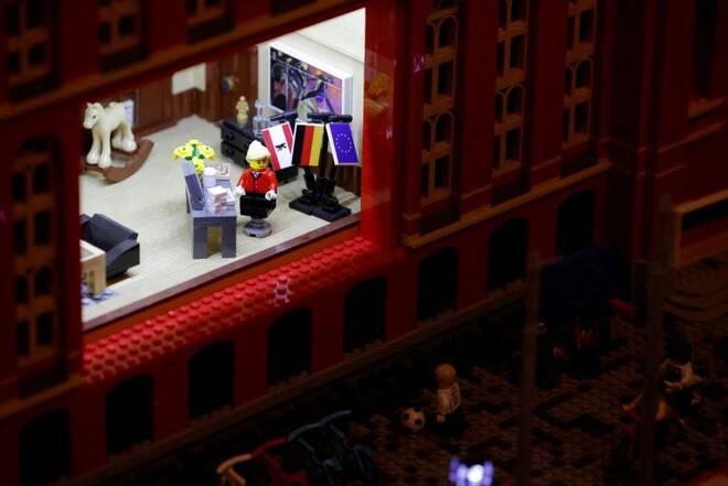 A LEGO reproduction of the Red Town Hall is pictured, in Berlin