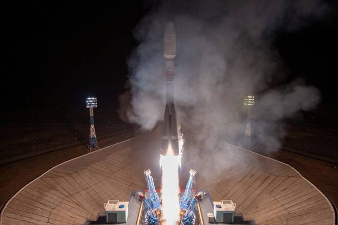 A rocket booster with satellites of British firm OneWeb blasts off from a launchpad at the Vostochny Cosmodrome in Amur Region
