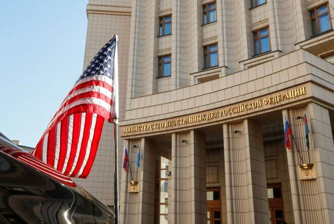 A car of the U.S. delegation is parked in front of the headquarters of the Russian Foreign Ministry in Moscow