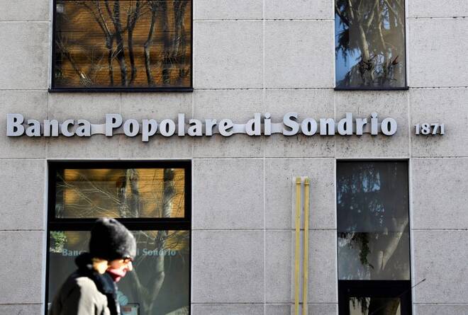 The logo of Banca Popolare di Sondrio bank is pictured in Monza