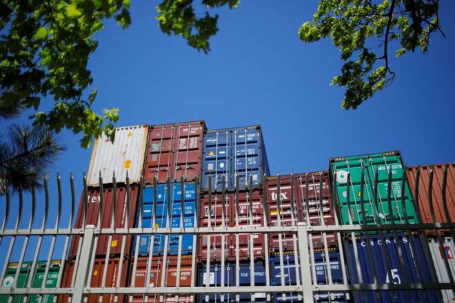 Shipping containers are stacked at the Paul W. Conley Container Terminal in Boston