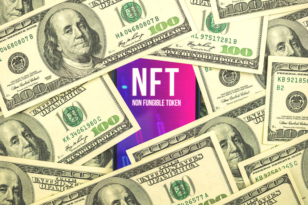 Dollar bills with NFT non-fungible token future of crypto art concept, finance and investment background photo