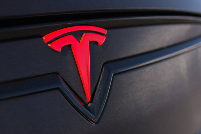 Close-up of Tesla Logo at the Supercar Sunday Electric