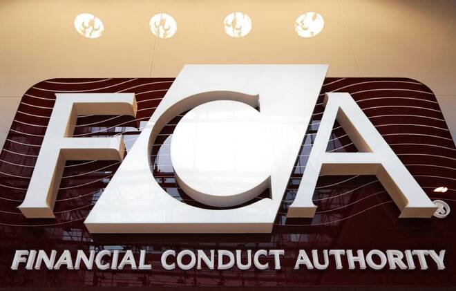 The logo of the Financial Conduct Authority is seen at the agency's headquarters in the Canary Wharf business district of London