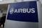 The logo of Airbus is pictured at the Airbus A330 final assembly line at Airbus headquarters in Colomiers