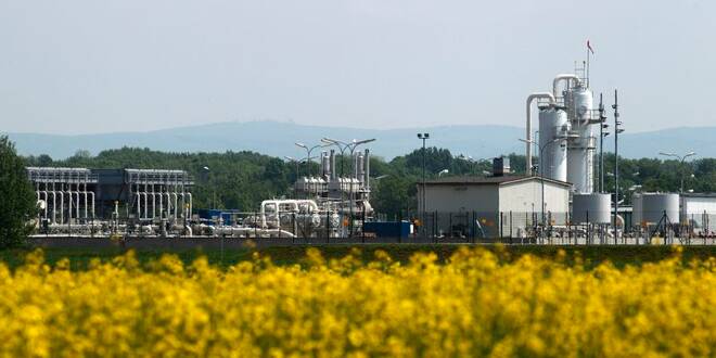 Austria's largest natural gas import and distribution station is pictured behind a field of rapeseed in Baumgarten