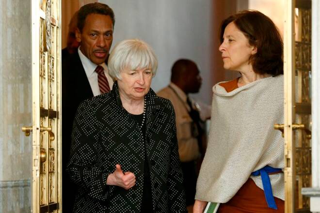 Yellen and Raskin arrive for a meeting of the Financial Stability Oversight Council at the Treasury Department in Washington