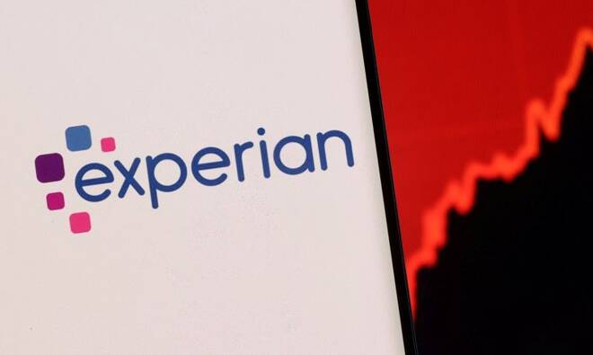 Illustration shows a smartphone with displayed Experian logo and stock graph