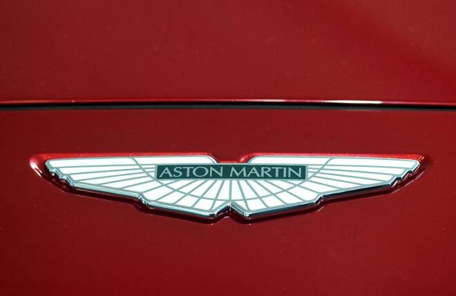 A logo on the Aston Martin DBX at the Aston Martin Lagonda factory in Barry