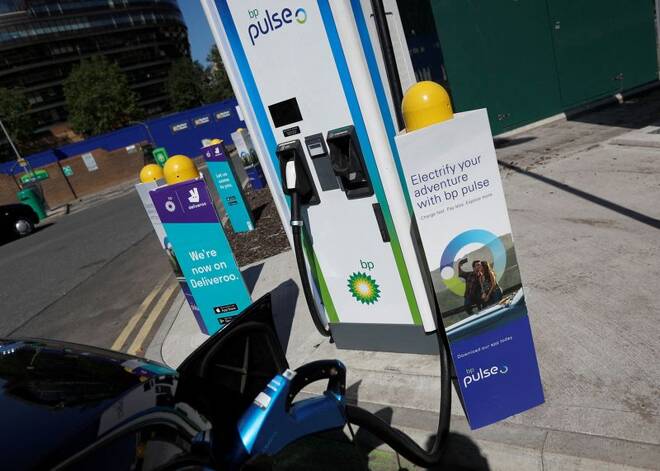 A BP Pulse electric vehicle charging point is seen in London