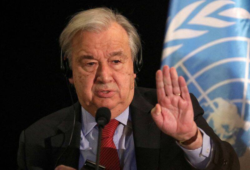 UN Secretary-General Antonio Guterres attends news conference at the end of his visit to Lebanon