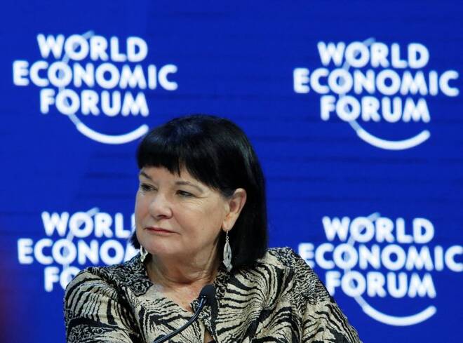 Sharan Burrow General Secretary of the International Trade Union Confederation (ITUC) attends the session "Creating a Shared Future in a Fractured World" during the World Economic Forum (WEF) annual meeting in Davos