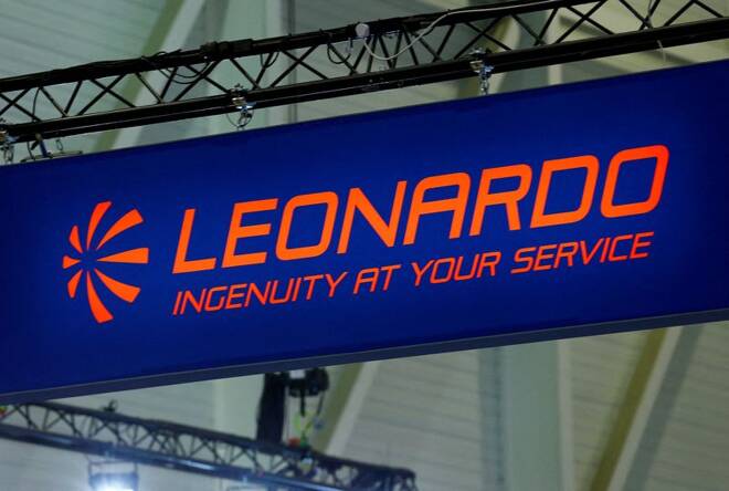 A logo of helicopter maker Leonardo is pictured on their booth during EBACE in Geneva