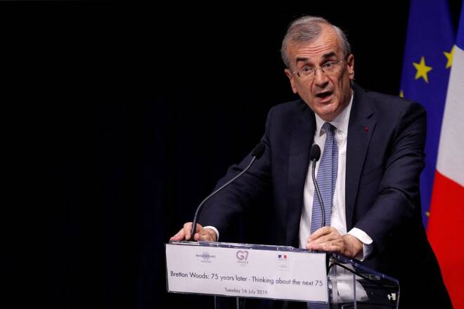 Governor of the Bank of France Francois Villeroy de Galhau delivers a speech to open a conference entitled "Bretton Woods: 75 years later" in Paris