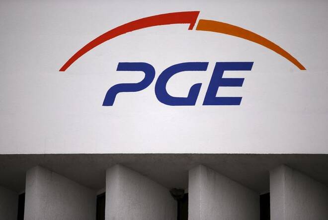 The logo of PGE Group is seen on their building at the Belchatow Coal Mine, biggest opencast mine of brown coal in Poland, near Belchatow