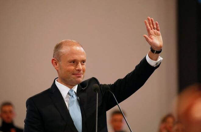 Outgoing Prime Minister and Labour Party leader Joseph Muscat waves to supporters after his final speech at the party's Congress before the election of a new party leader at the Corradino Sports Pavilion in Paola