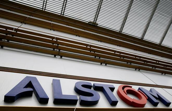 A logo of the Alstom is seen before the the news conference to present the company's full year to end-March 2015/16 annual results in Saint-Ouen, near Paris