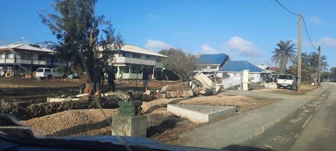 Damaged buildings following volcanic eruption and tsunami, in Nuku'alofa