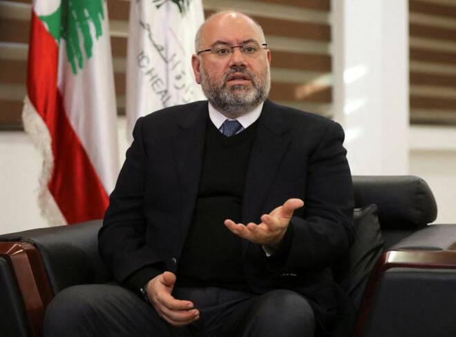 Lebanon's Health Minister Firass Abiad gestures as he speaks during an interview with Reuters at the Ministry of Health in Beirut