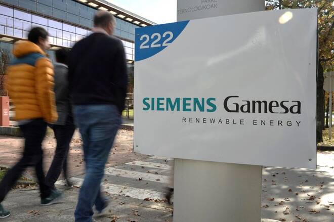 The Siemens Gamesa logo is displayed outside the company headquarters in Zumudio near Bilbao
